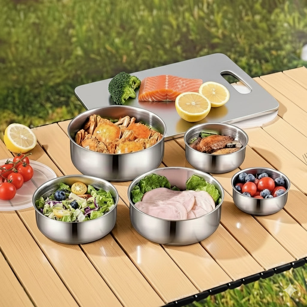 Combo Acerox®  Tabla de Picar 39x28 cm + 5 Ensaladeras en Acero