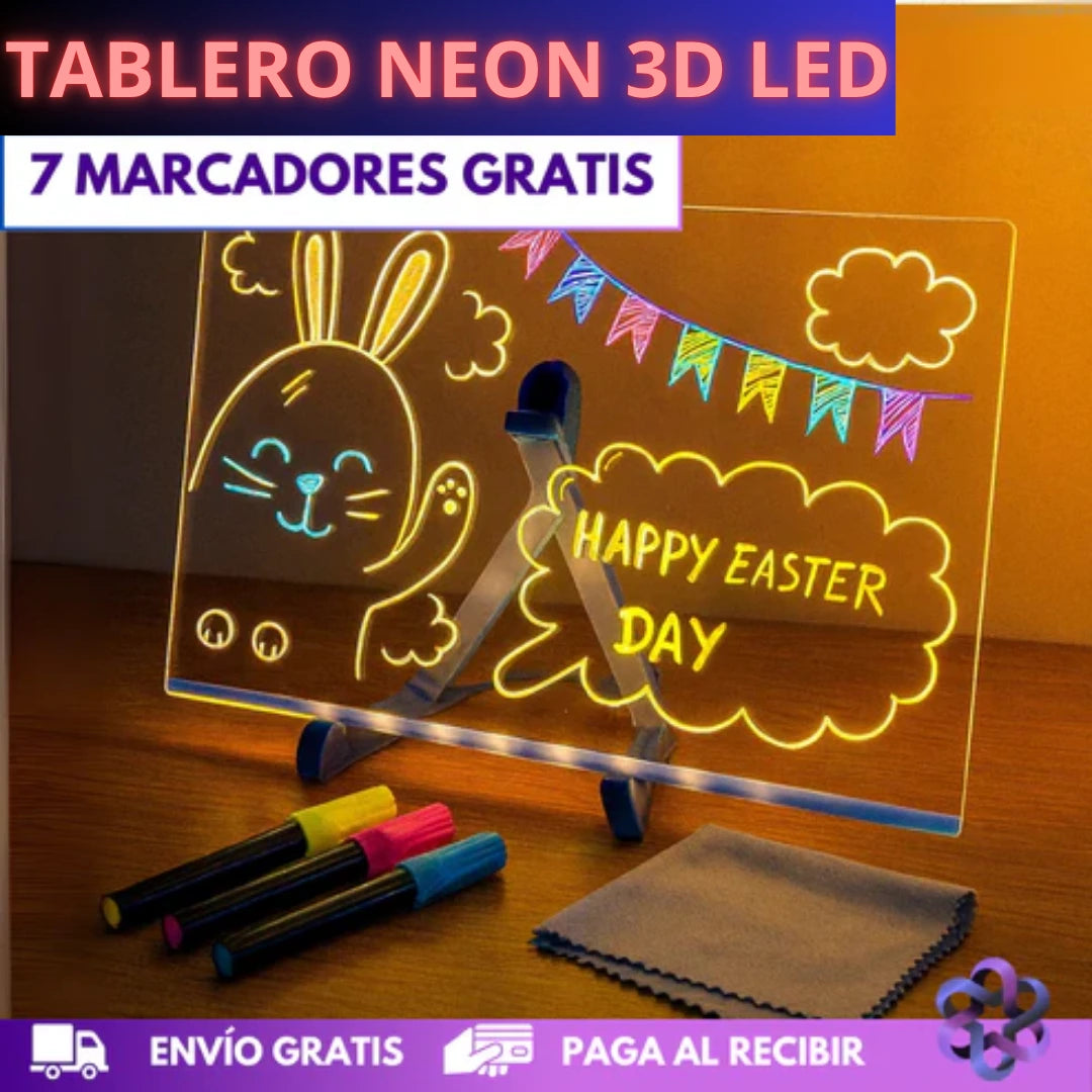 TABLERO NEÓN 3D LED  - BASE TRIPODE - TAMAÑO GRANDE 30X20 CM - 7 MARCADORES BORRABLES - 🎁OBSEQUIO PDF  DIBUJO🎁 + ENVÍO GRATIS!