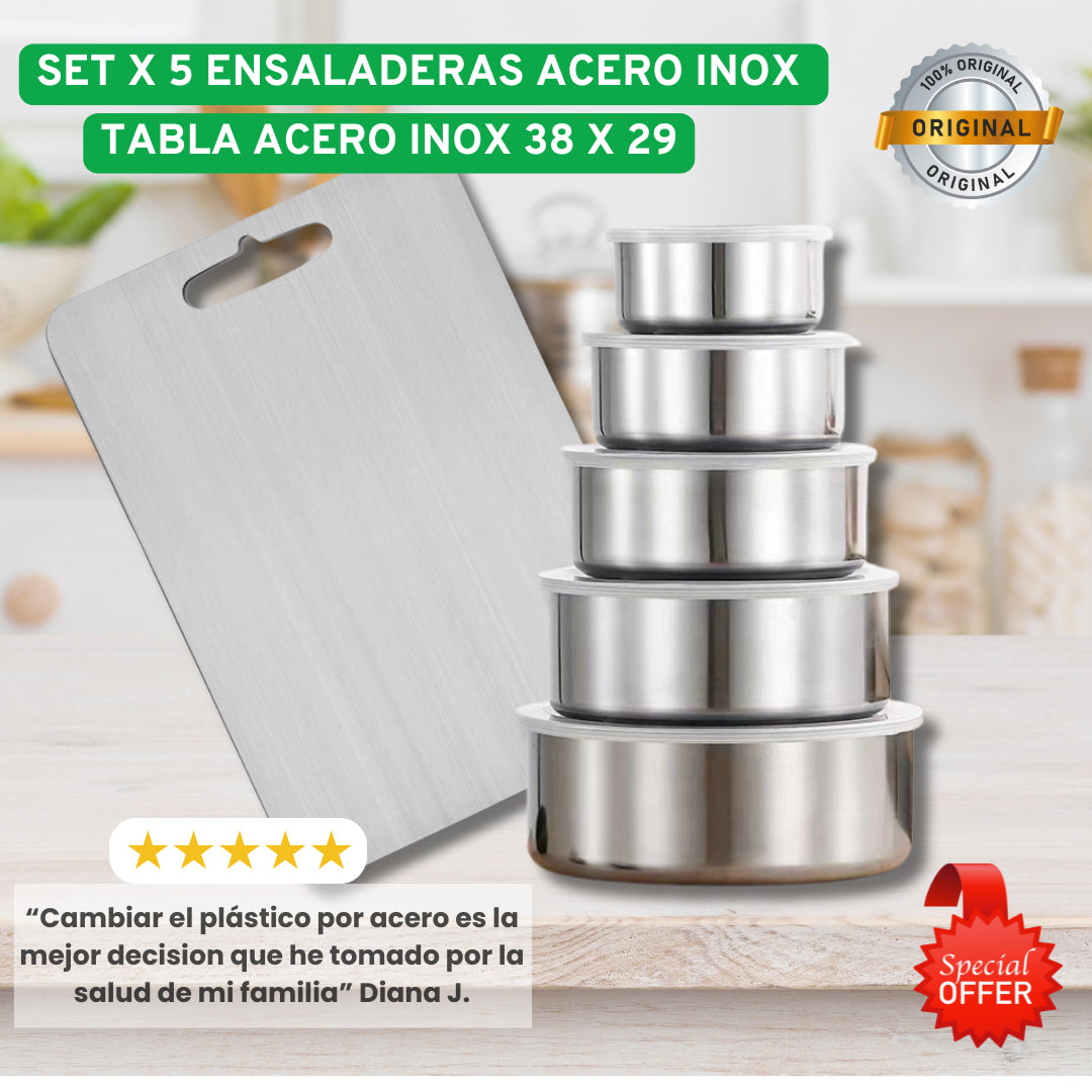 Combo Acerox®  Tabla de Picar 39x28 cm + 5 Ensaladeras en Acero