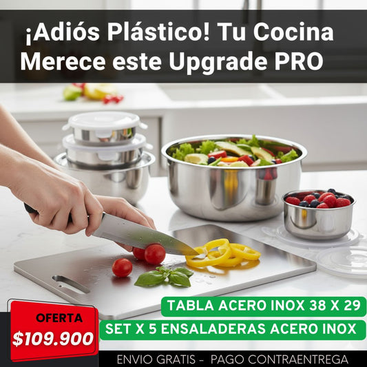 Combo Acerox®  Tabla de Picar 39x28 cm + 5 Ensaladeras en Acero